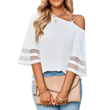 Imagem de Camisa Feminina de Ombro Frio, Blusa Feminina Simples de Poliéster Com Ombro Frio Emenda de Malha Macia para Trabalhar (M)