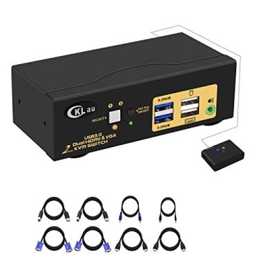 Imagem de CKLau 4Kx2K @60Hz 4:4:4 2 portas USB 3.0 Dual Monitor KVM Switch HDMI + VGA com áudio e cabos, HDMI VGA KVM Switch 2 Monitores 2 Computadores Suporta Teclado Mouse Sem Fio