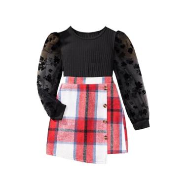 Imagem de SOLY HUX Conjunto de 2 peças de camiseta de manga bufante de malha e mini saia para meninas, Xadrez preto e vermelho, 12 Anos