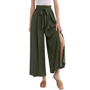 Imagem de GRACE KARIN Calça feminina de perna larga com bolsos leve cintura alta nó caual solta dividida rodada calça palazzo, Verde militar, G