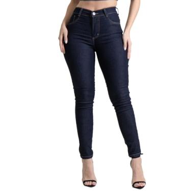 Imagem de Calça Jeans Feminina Sawary Skinny Lycra Elastano Original Cintura Alta Elegante Premium (BR, Cintura, 40, Slim, Regular, Azul Escuro)