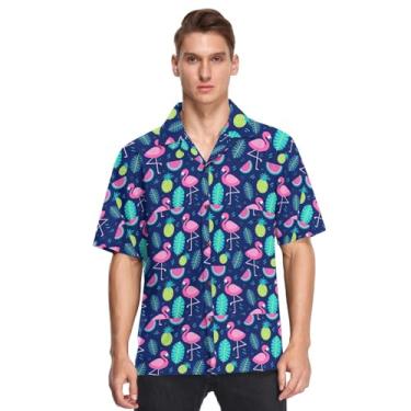 Imagem de Camisa masculina havaiana de manga curta com botão de flamingo tropical moda urbana para hombre, Flamingo Tropical Hope, P
