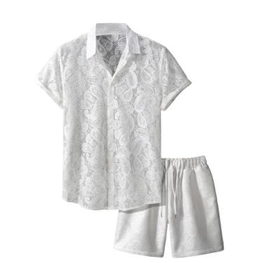 Imagem de Verdusa Conjunto masculino de 2 peças com gola e botão, camisa de renda e shorts, Branco, G