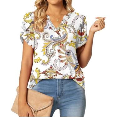 Imagem de Aodemo Camisetas femininas elegantes de verão 2024 gola V pétala manga curta blusa feminina bonita para o trabalho, Flor Pluma Branca, G