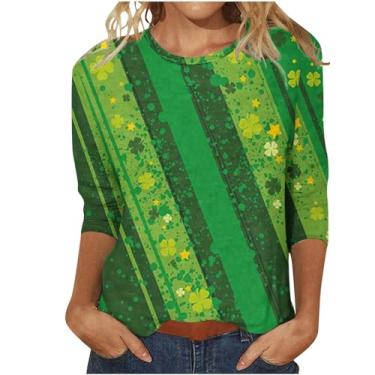 Imagem de Camiseta feminina do Dia de São Patrício com estampa da bandeira irlandesa americana túnica verde manga 3/4 camisetas tops, Azul, XX-Large