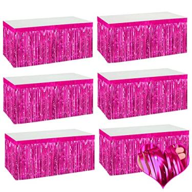 Imagem de Pacote com 6 saias de mesa com franja metálica fúcsia 73 x 273 cm para Tinsel Streamer Guirlanda Cortinas Pano de Fundo para Desfile Boias de Casamento Chá de Bebê Aniversário Natal Decoração de Festa de Halloween