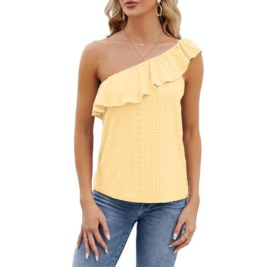 Imagem de LYKSAW Camisetas femininas sexy de um ombro só, plissadas, plissadas, estilo túnica casual e solta, Amarelo, GG