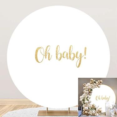 Imagem de Yeele 2 x 2 m Capa de fundo redonda Oh Baby branco puro dourado Oh fundo de fotografia de bebê para chá de bebê recém-nascido revelação de gênero anuncia decoração de festa de gravidez faixa de mesa