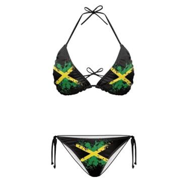 Imagem de JEOCODY Biquíni feminino de duas peças, roupa de banho sexy, frente única, triangular, conjunto de biquíni atrevido, Bandeira jamaicana preta estampada, G
