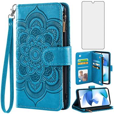 Imagem de Asuwish Capa de telefone para BLU F91 5G 2022 capa carteira com protetor de tela de vidro temperado e flor de couro flip porta-cartão de crédito suporte fólio bolsa slot acessórios para celular azul