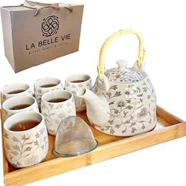 Imagem de Conjunto de chá tradicional japonês branco, com bandeja e infusor para 6 pessoas, pote de porcelana (946 ml) e xícaras, lindo presente para aniversário, inauguração de casa e qualquer evento