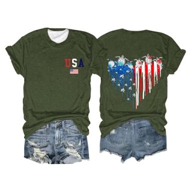 Imagem de Camisetas femininas com bandeira americana manga curta casual coração gráfico patriótico camiseta gola redonda verão elegante tops 2024 na moda, Verde militar, 3G