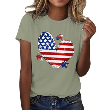 Imagem de Camiseta feminina com bandeira americana 4 de julho coração gráfico grande camiseta manga curta verão gola redonda camisetas casuais 2024, Verde, XXG