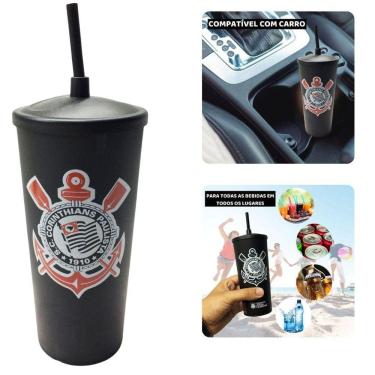 Imagem de Copo Plástico Preto Tampa + Canudo 500Ml Time Corinthians