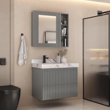 Imagem de Conjunto Para Banheiro Lavatório Em Porcelanato Com Cuba Esculpida, Gabinete e Espelheira Ripy 80cm Cinza