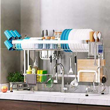 Imagem de Escorredor de pratos sobre a pia, prateleira de escorredor de cozinha de aço inoxidável Spave Saver 304 para armazenamento de suprimentos de bancada com utensílios, suporte de facas e mais