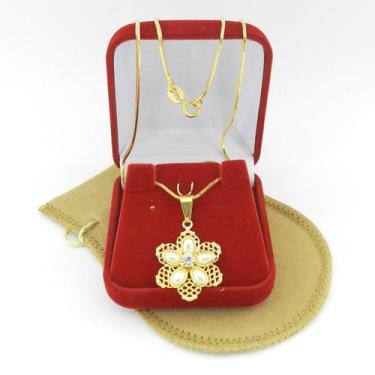Imagem de Corrente Feminina 50cm 1mm Flor Perola Folheada Ouro 18k CR589 - WNBIJ