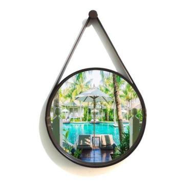 Imagem de Espelho Redondo Decorativo Moldura Alça De Couro 50Cm Café - Cubas E G