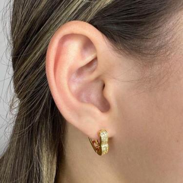 Imagem de Brinco Coração Médio com 2 Fileiras de Zircônia Banhado em Ouro 18k - 