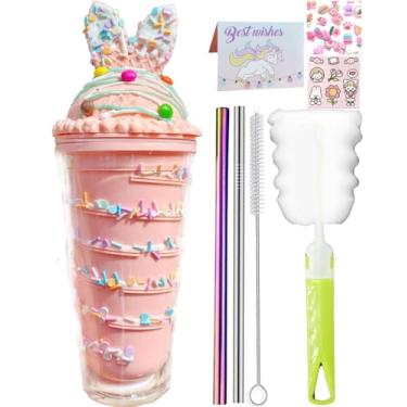 Imagem de seelucky Copo de viagem de unicórnio com canudo e chocolate, copo para beber gelo, leite, café, caneca de plástico para piquenique, festa, presente de aniversário (coelho de sorvete rosa 8, 450 ml)