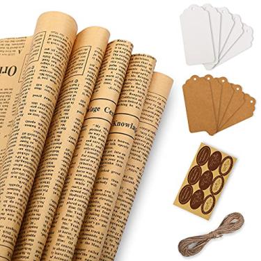 Imagem de Tenare Pacote com 18 folhas de papel de embrulho para presente de dia dos namorados, papel de embrulho de papel de jornal antigo com designs vintage para presente de aniversário, capa, 70 x 50 cm
