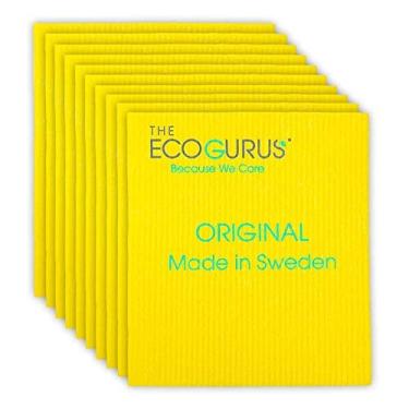 Imagem de The EcoGurus Swedish Panos de prato para cozinha, várias superfícies, celulose e algodão, original feito na Suécia - ecológico, reutilizável, absorvente, sem odor, panos de esponja de celulose, 10 panos de prato amarelos