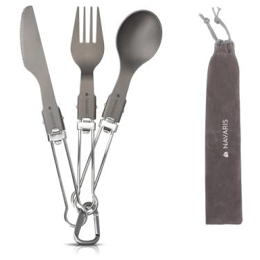 Imagem de Navaris Conjunto de utensílios dobráveis de titânio – garfo, faca e colher dobrável de metal utensílios de talheres para acampamento, mochilão, caminhada – com mosquetão e bolsa