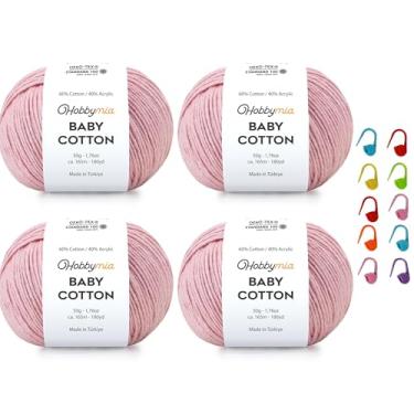 Imagem de HobbyMia Fio de algodão para bebês para crochê - 50 g / 180 m - (2) fio fino, peso esportivo - fio Amigurumi para linha de crochê - 60% algodão e 40% acrílico e 10 pontos (rosa bebê, 4 bolas)