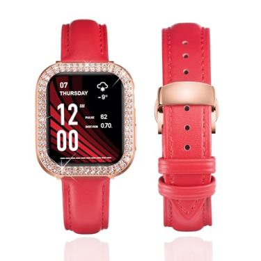 Imagem de BINLUN Pulseira de couro compatível com Apple Watch séries 9/8/7/SE2/SE/6/5/4 de 41 mm e 40 mm com glitter e diamantes, compatível com iWatch séries 9/8/7/SE2/SE/6/5/4 (41 mm, vermelho e ouro rosa)