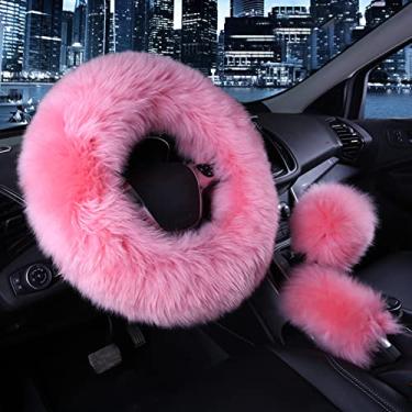 Imagem de Capa para volante de carro Younglingn Gear Gear Shift Handbrake Fuzzy Cover 1 conjunto de 3 peças multicoloridas com moda de lã pura de inverno para mulheres meninas ajuste universal para a maioria dos carrosYounglingn 15 inch rosa Younglingn