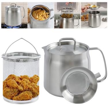 Imagem de Panela de filtro de óleo de aço inoxidável 304 de 1,5 g, recipiente de graxa de bacon resistente e cesta de fritadeira, recipiente de filtro de óleo multifuncional de grande capacidade com filtro para