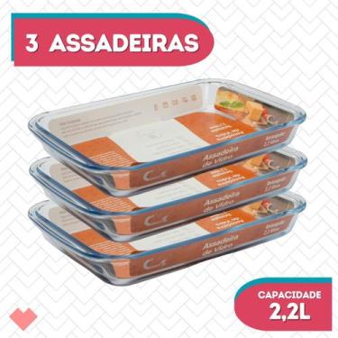 Imagem de Kit 3 Assadeiras Vidro Retangular 2,2L Forno Massas S/ Tampa - CasaVit