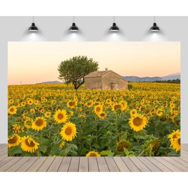 Imagem de CHNYWORK Cenário de campo de girassóis de 2,1 m x 1,5 m linda casa de pedra rural grande árvore natural para decoração de festa de aniversário com tema de girassol, adereços de estúdio fotográfico