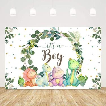 Imagem de 1,5 m x 0,9 m It's a Boy Backdrop Baby Shower Cartoon Dinosaur Cacto e Folhas de Eucalipto Fundo de Fotografia Suprimentos de Festa Infantil Decoração de Mesa de Bolo Banner Adereços de Cabine Fotográfica Lembranças de Presente, Verde (ELH0C430UUU)