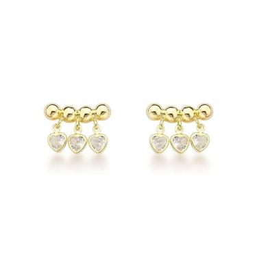 Imagem de Brincos Femininos Banhados A Ouro 18k Com Esferas E Corações De Zircônia