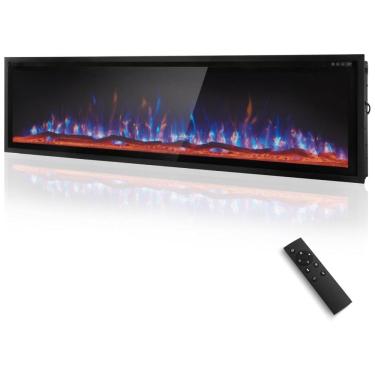 Imagem de Lareira Elétrica de Embutir A49x182L cm com Controle Remoto ou Tela Sensível ao Toque, Temporizador e Baixo Ruído, 110V 1500W, MAISON ARTS, Preta 