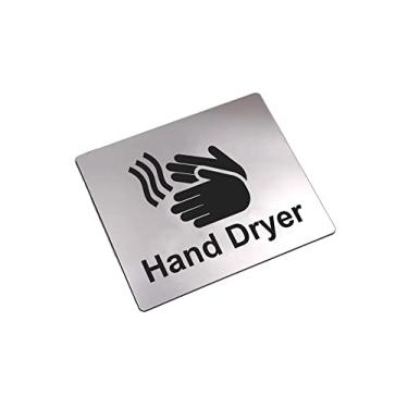 Imagem de Placa para secador de mãos ¦ autoadesivo ¦ Espessura de 1,5 mm (1/40.6 cm) Suporte adesivo prata metálica com símbolo de ícone universal preto gravado e texto (tamanho 11,7 x 9 cm)