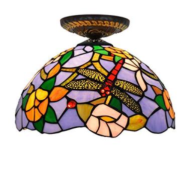 Imagem de 12 IN Tiffany Stlye Luz de teto Libélula Lustre de vitral Retro Barroco Lâmpada pendente para sala de estar Restaurante Bar Quarto Salão de exposições Varanda Corredor