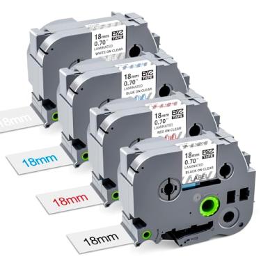 Imagem de Womiten Pacote com 4 fitas TZ 18 mm transparente para Brother TZe 0,13-0,7 3,5-18 mm laminado transparente TZe-141 TZe-142 TZe-143 TZe-145 preto/vermelho/azul/branco em transparente para P Touch