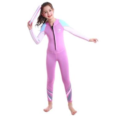 Imagem de ZCCO Roupa de mergulho infantil, roupa de banho térmica de neoprene de 2,5 mm, roupa de banho molhada para meninas, roupas de banho de uma peça para meninas, roupa de banho quente de manga comprida