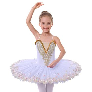 Imagem de AFAVOM Collant de balé para meninas com bandeja, tutu, profissional, rígido, organdy, camisola, saia, cisne, lago de penas, bainha de pena roupa de dança, Branco, 7-8 Anos