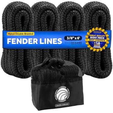 Imagem de Five Oceans Pacote com 4 linhas de para-lama de barco de 0,9 cm x 1,8 m com ilhós de 12,7 cm, cordas de barco para ancoragem com laço, corda de barco trançada dupla de nylon premium preto de grau