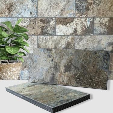 Imagem de AULIGET 20 peças de azulejos de parede Backsplash para descascar e colar de ardósia bege e marrom, 15,24 cm x 30,5 cm de pedra sintética em azulejos para cozinha, banheiro, lavanderia, campista,