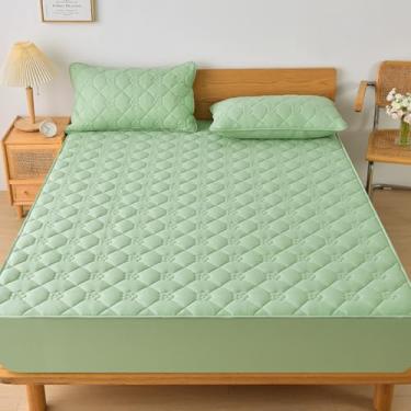 Imagem de Protetor de colchão para colchão espesso, capa à prova de poeira, macio, respirável, antiderrapante, lençol de elástico de cor sólida para cama de quarto - verde | Solteiro: 134,6 x 200,7 cm (1 peça)