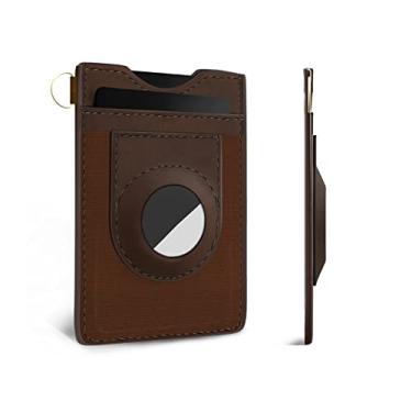 Imagem de Carteira masculina AirTag, fina, minimalista, elástica, de couro legítimo, vertical, pequena, com bloqueio de RFID para bolso frontal, Marrom escuro - Café, Masculino