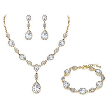 Imagem de EleQueen Brincos femininos pendentes de zircônia cúbica lágrima flor casamento noiva Y colar conjunto de pulseira de tênis