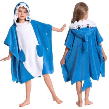 Imagem de OLAOLA Toalhas de praia infantis com capuz de tubarão, toalha de banho com capuz absorvente macia para meninos e meninas, toalha de natação infantil com capuz para crianças de 3 a 12 anos
