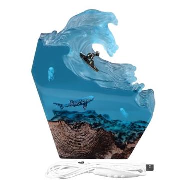 Imagem de Lâmpada Noturna do Ambiente, Resinas Epoxys Divertido de Luz Night e Tubarões Com Cabo USB, Desktop Ondas Marinhas Decoração de Mar Profundo Lâmpada de Mesa para Festa de