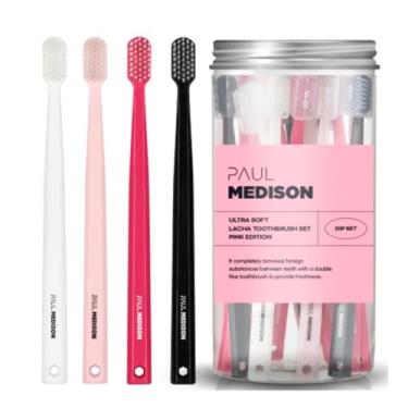 Imagem de Paul Medison Escovas de dentes extra macias para adultos – Pacote com 20 escovas de dentes ultrafinas com capas | Cabeça pequena, suave em gengivas sensíveis | Design estético rosa, preto e branco