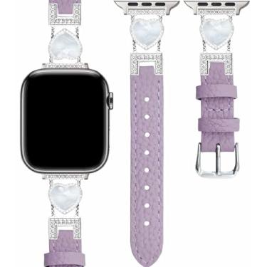 Imagem de TJCENXIN Pulseira de couro feminina compatível com Apple Watch séries 10, 9 Ultra, SE, 8, 7, 6, 5, 4, 3, 2 e 1, 42mm/44mm/45mm/49mm/46mm(series 10), Couro, cristal